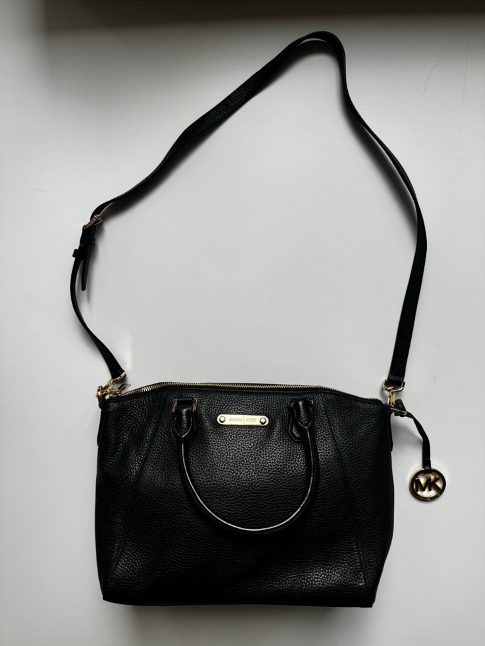Michael Kors Black Pebbled Leather Crossbody Satchel with Gold Hardware